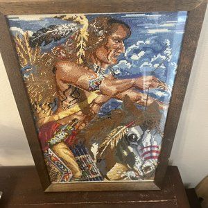 Vintage Framed Needlepoint Picture Native American Horse Arrow 16.5x11